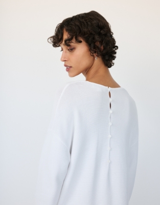Textured V-Neck Button Back Jumper with Recycled Cotton - Porcelain