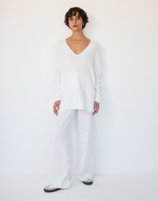 Textured V-Neck Button Back Jumper with Recycled Cotton - Porcelain