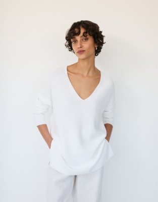 Textured V-Neck Button Back Sweater with Recycled Cotton - Porcelain