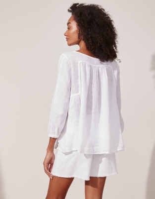 White Gauze Top with Ruffled Cuffs, Linen Blouses For Women - Linenbee