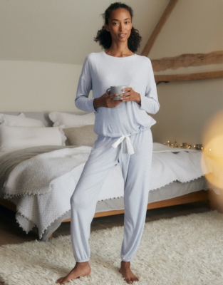 Tie Hem Ribbed Jersey Lounge Pajama Set