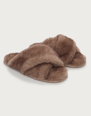 Tipped Faux Fur Cross Slider Slippers