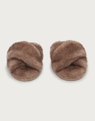 Tipped Faux Fur Cross Slider Slippers