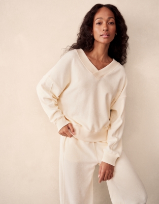 Towelling Deep V-Neck Sweatshirt