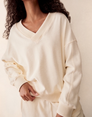 Towelling Deep V-Neck Sweatshirt