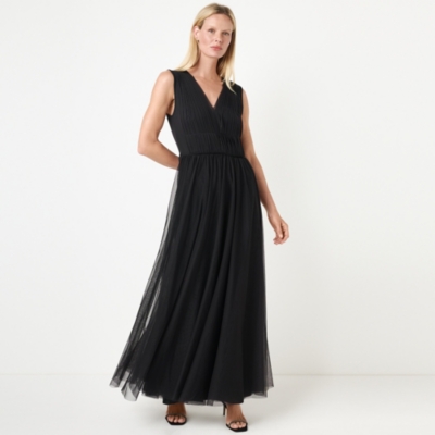 Tulle Jersey Maxi V-Neck Dress