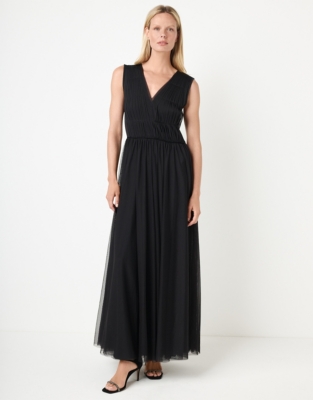 Tulle Jersey Maxi V-Neck Dress