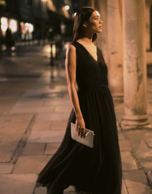 Tulle Jersey Maxi V-Neck Dress