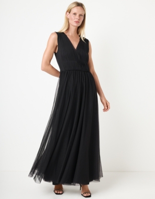 Tulle Jersey Maxi V-Neck Dress