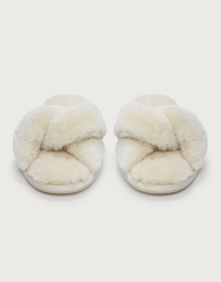 White company faux online fur strap slider slippers