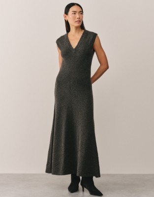 V-Neck Engineered Knitted Dress with Wool