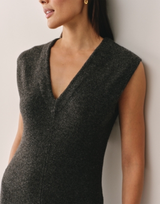 V-Neck Engineered Knitted Dress with Wool