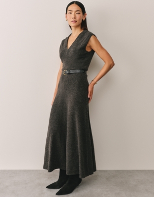 V-Neck Engineered Knitted Dress with Wool