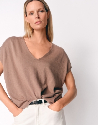 V-Neck Knitted T-shirt with Recycled Cotton - Mouse