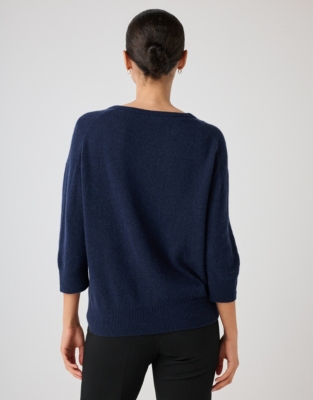 V-Neck Knitted Tee with Cashmere - Navy