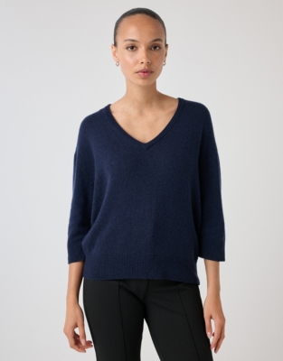 V-Neck Knitted Tee with Cashmere - Navy