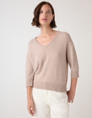 V-Neck Knitted Tee with Cashmere - Walnut