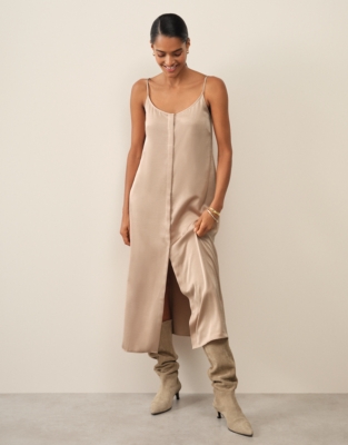 V-Neck Mixed Media Dress - Wheat Dust