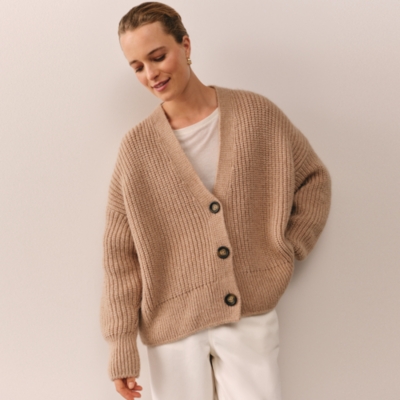 V Neck Ribbed Cardigan With Wool