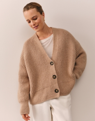 V Neck Ribbed Cardigan With Wool