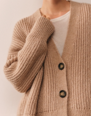 V Neck Ribbed Cardigan With Wool