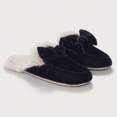 Velvet Bow Faux Fur Slider Slippers