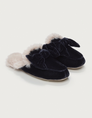 Velvet Bow Slider Slippers - Midnight