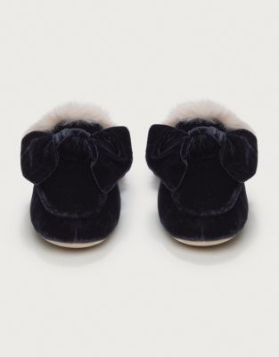 Velvet Bow Slider Slippers - Midnight