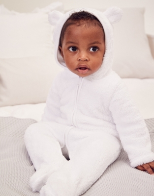 White company fleece store romper