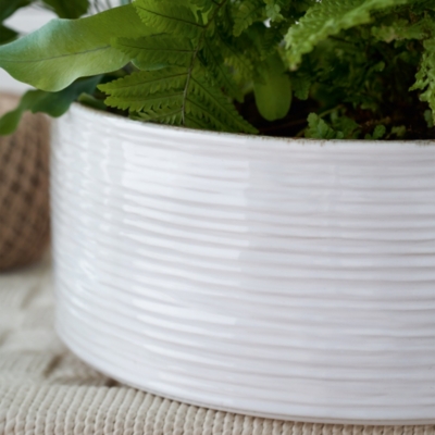 White Ribbed Ceramic Planter – Large