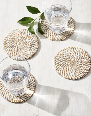 Whitewashed Rattan Coasters – Set of 4