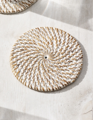 Whitewashed Rattan Coasters – Set of 4