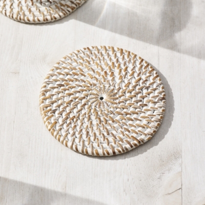 Whitewashed Rattan Coasters – Set of 4