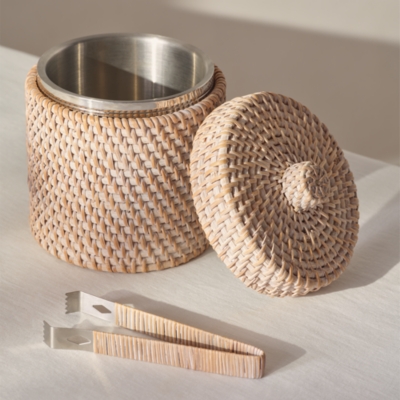 Whitewashed Rattan Ice Bucket – with Tongs