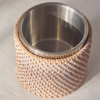 Whitewashed Rattan Ice Bucket – with Tongs