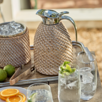 Whitewashed Rattan Ice Bucket – with Tongs