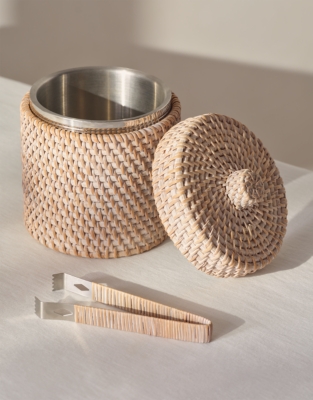 Whitewashed Rattan Ice Bucket – with Tongs