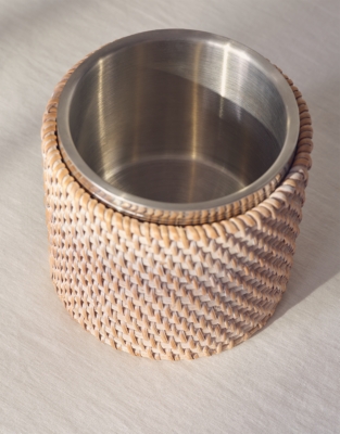 Whitewashed Rattan Ice Bucket – with Tongs