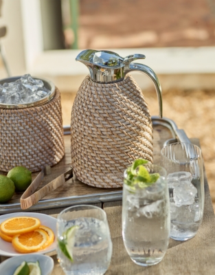 Whitewashed Rattan Ice Bucket – with Tongs