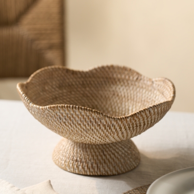 Whitewashed Rattan Scalloped Bowl