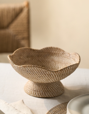 Whitewashed Rattan Scalloped Bowl