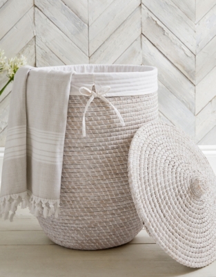 Whitewashed Seagrass Laundry Basket – with Liner