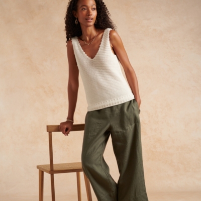 Rib Trim Linen Straight Leg Pants, Pants & Shorts