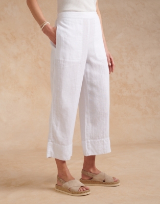 All white linen flat-front Wide leg cropped Pants