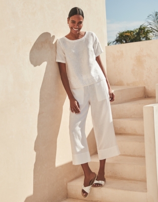 All white linen flat-front Wide leg cropped Pants