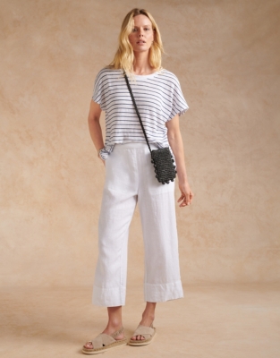 Rib Trim Linen Straight Leg Pants, Pants & Shorts