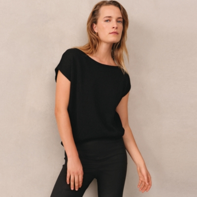 Wide Neck Asymmetric Knit Tee with Cotton