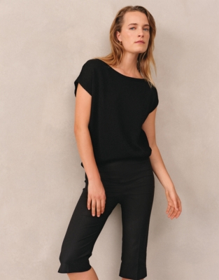 Wide Neck Asymmetric Knit Tee with Cotton