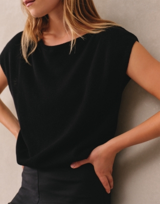 Wide Neck Asymmetric Knit Tee with Cotton