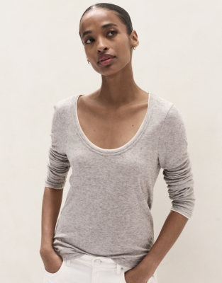 Wool Blend Contrast Trim Scoop Neck 
